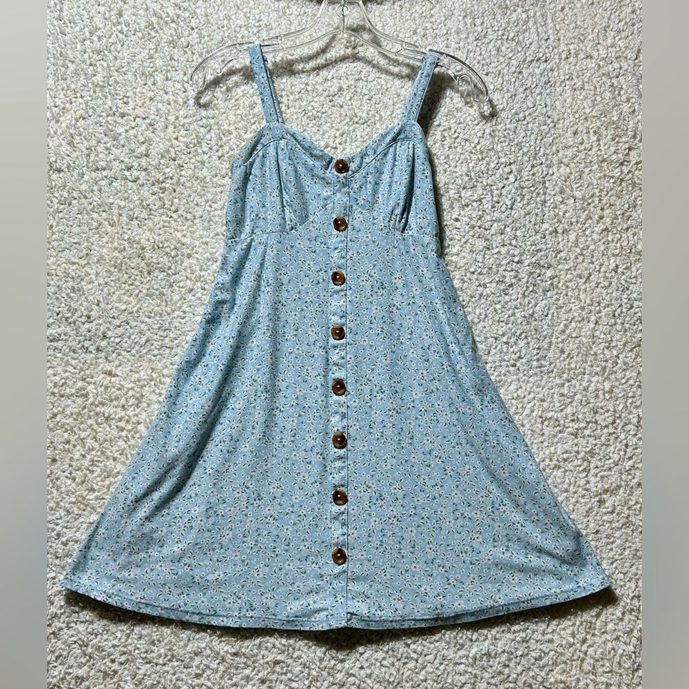 No Boundaries Juniors M Medium Mini Dress Adjust Strap Blue Floral Buttons